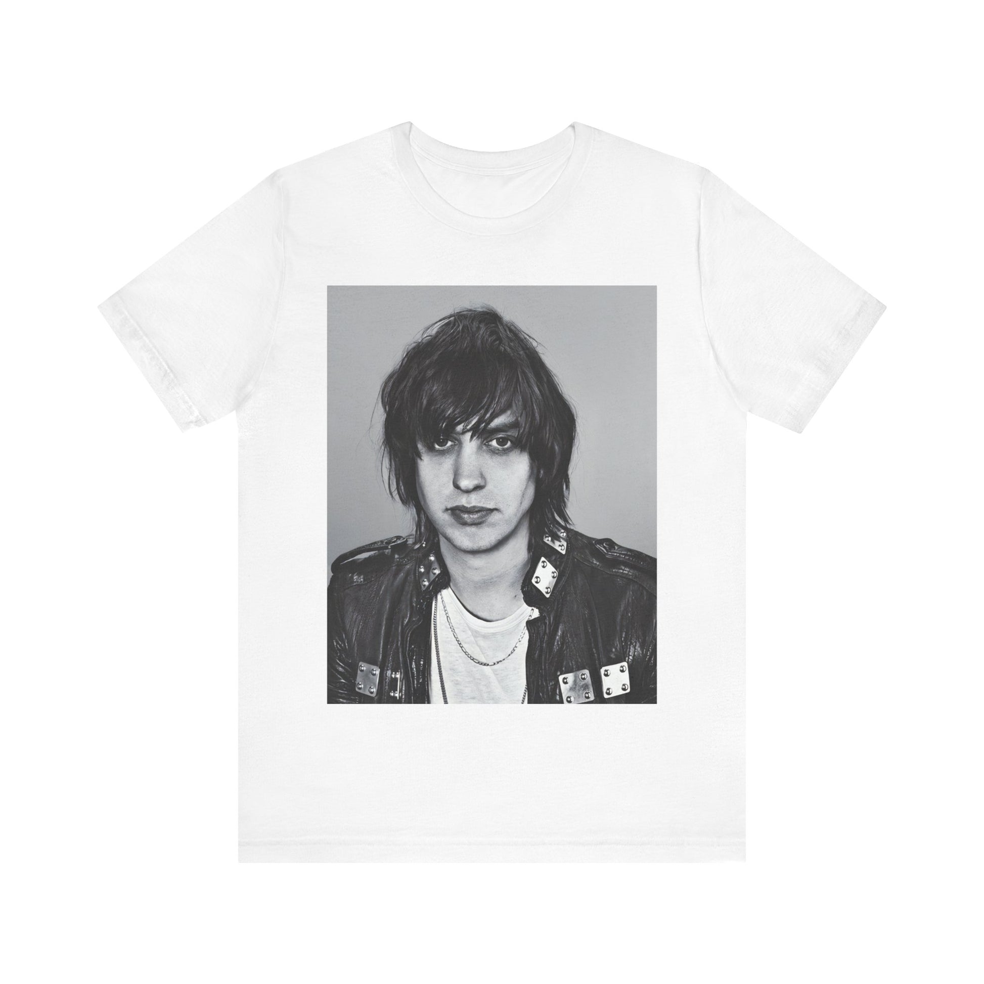 A black graphic t-shirt featuring a portrait photo of Julian Casablancas from The Strokes.