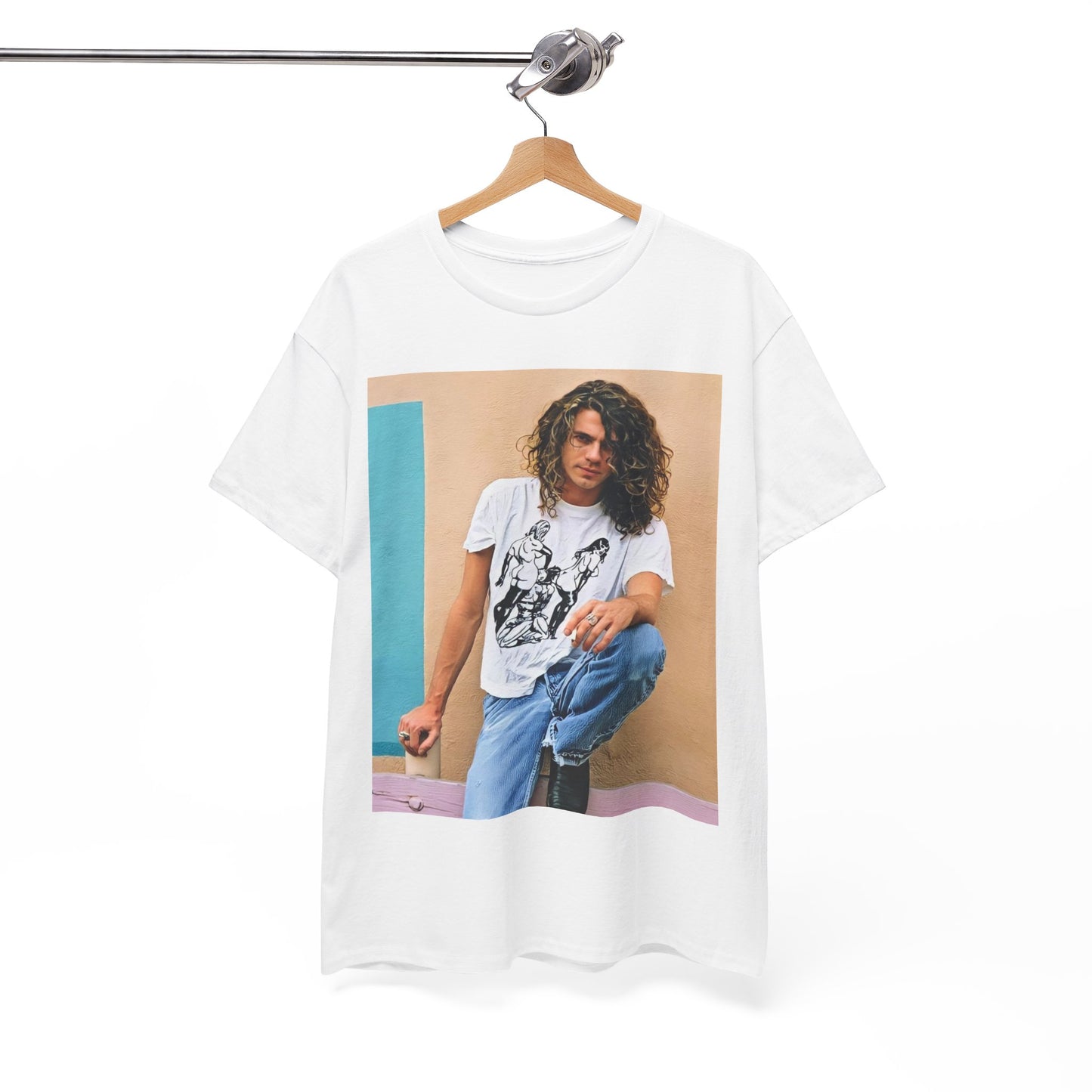 A black graphic t-shirt featuring a 90s chill retro rock graphic of INXS.