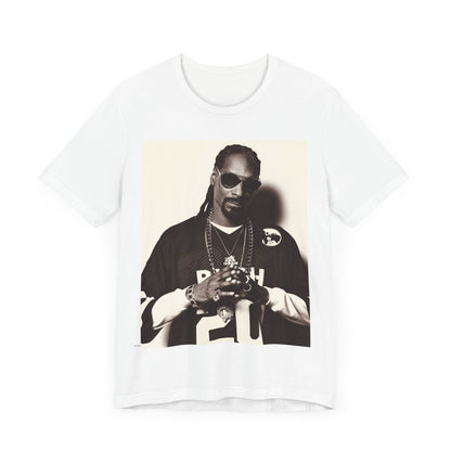 A black graphic t-shirt featuring a black and white, monochrome graphic or photo of Snoop Dogg in an OG style.