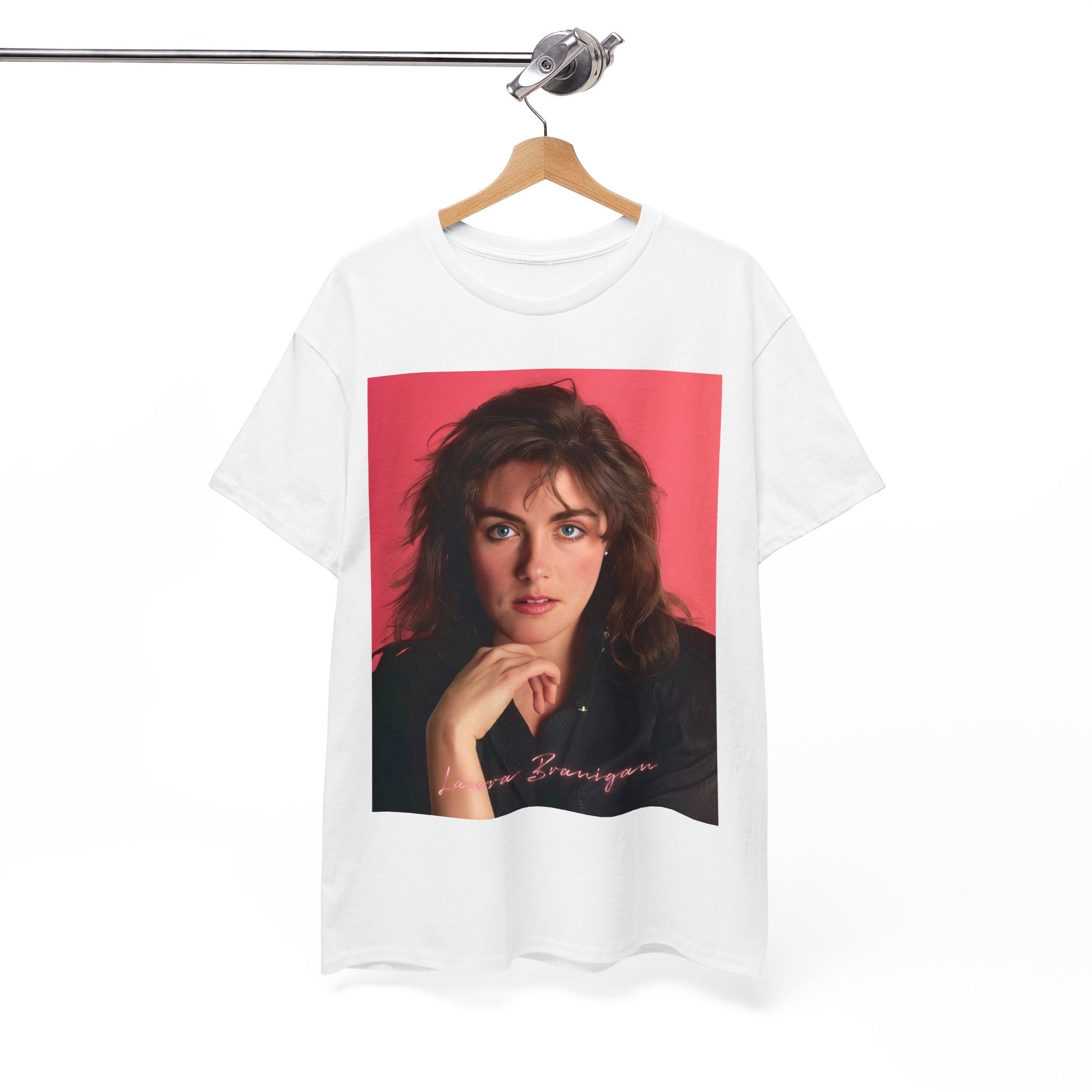 A black graphic t-shirt featuring a vintage 80s pop diva graphic of Laura Branigan.