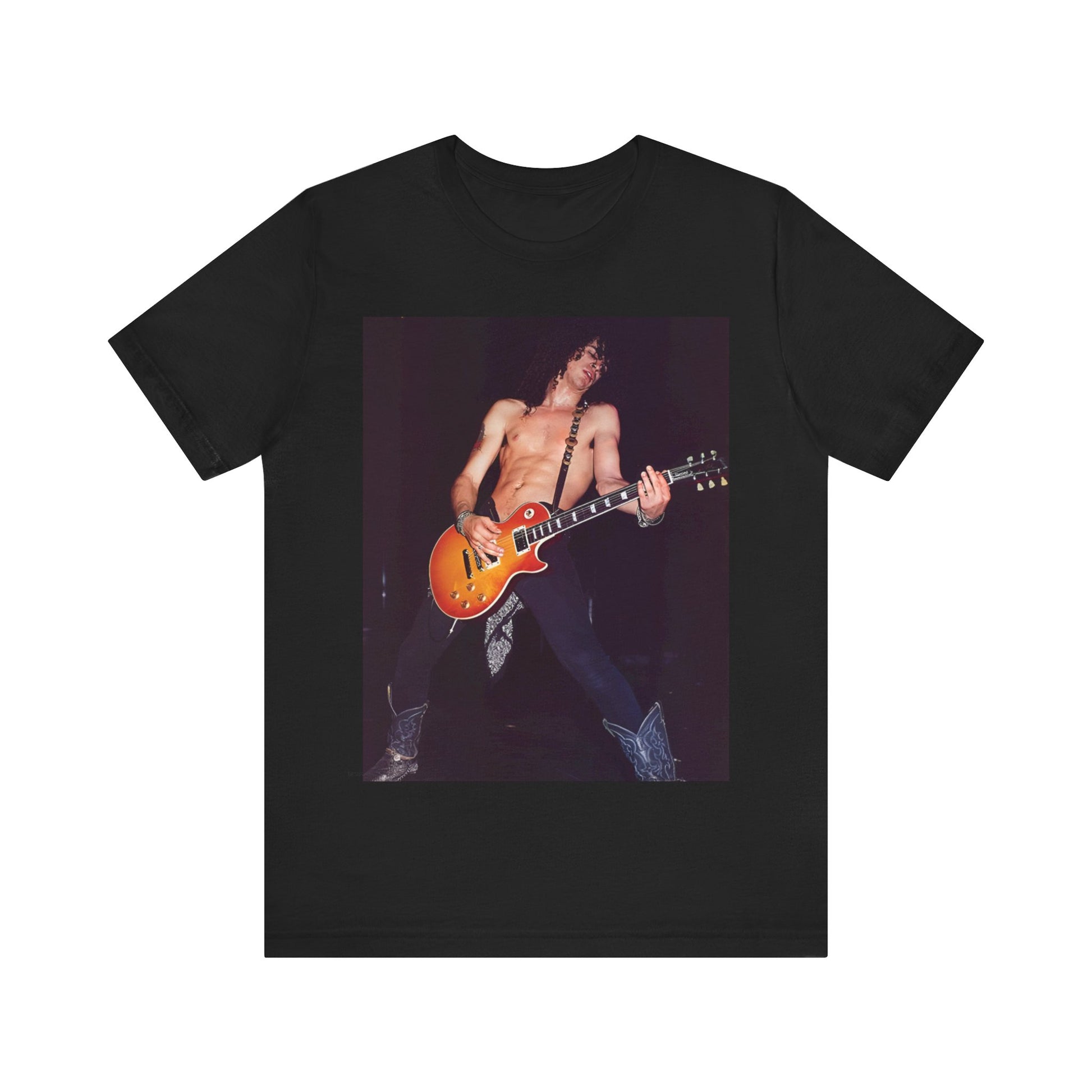 A black graphic t-shirt featuring a graphic or photo of Slash from Guns N' Roses performing live on stage.