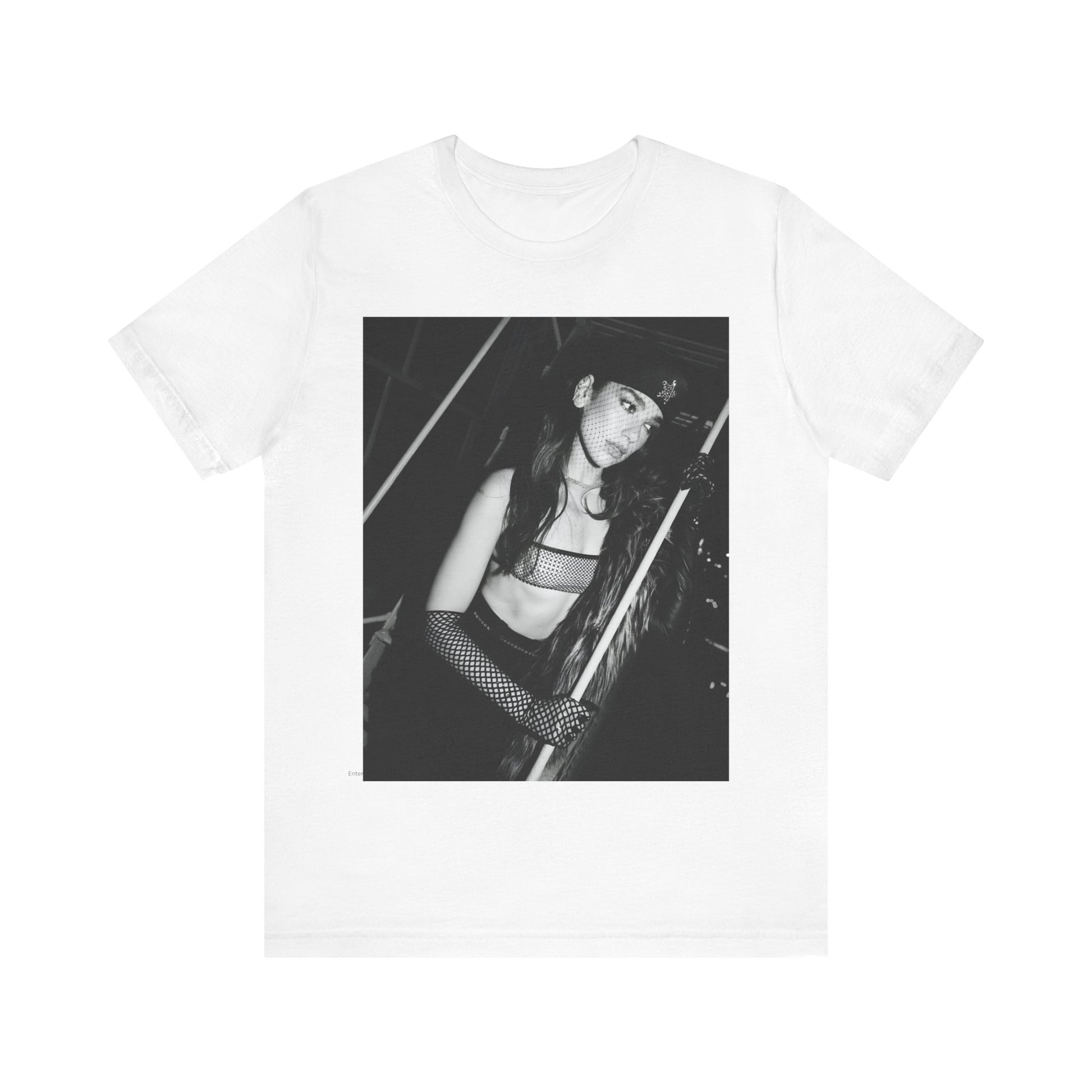 A black graphic t-shirt featuring a black and white, monochrome graphic or portrait of Dua Lipa.