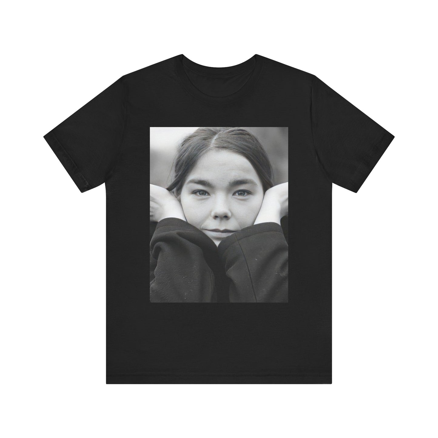 A black graphic t-shirt featuring a black and white portrait photo of Bjork.