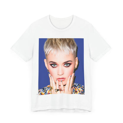 A black graphic t-shirt featuring a graphic of Katy Perry as a global pop phenomenon.