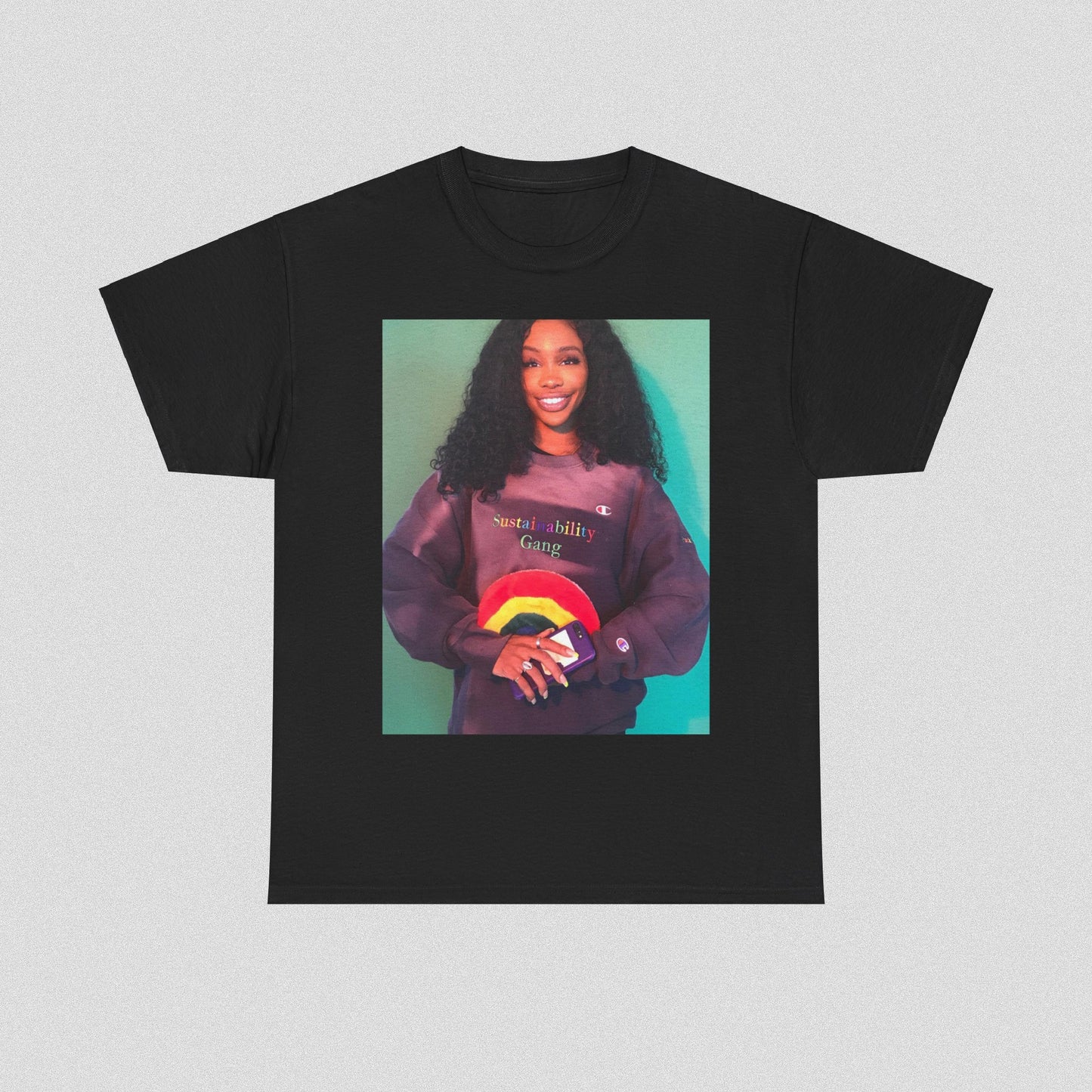 A black graphic t-shirt featuring a graphic of SZA with a feel-good R&B vibe.