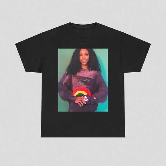 A black graphic t-shirt featuring a graphic of SZA with a feel-good R&B vibe.