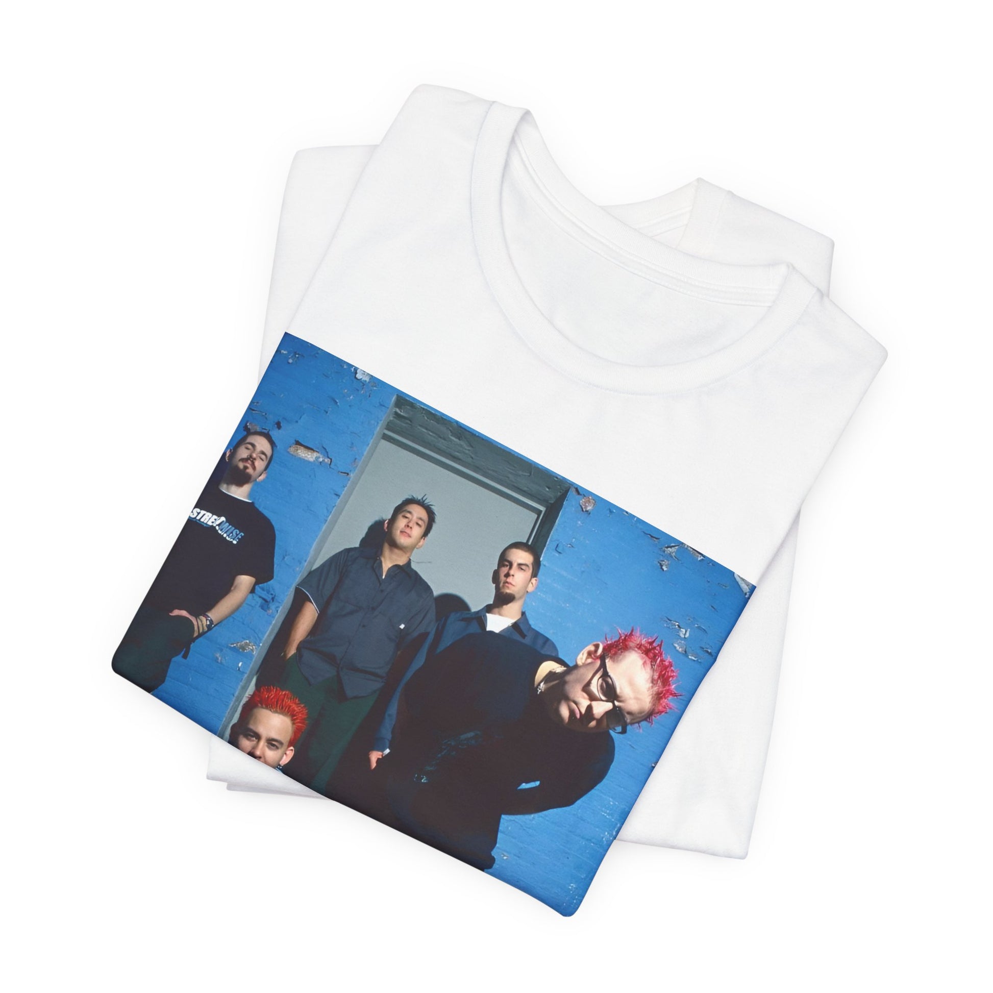 A black graphic t-shirt featuring a graphic of Linkin Park as nu-metal pioneers.