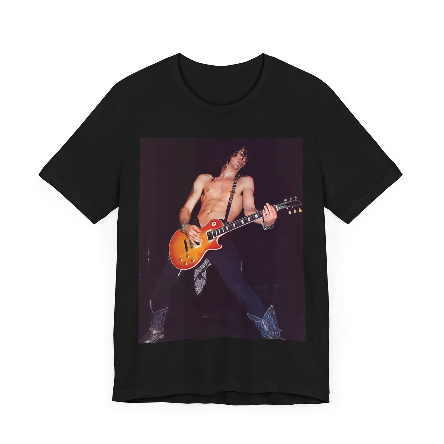A black graphic t-shirt featuring a graphic or photo of Slash from Guns N' Roses performing live on stage.