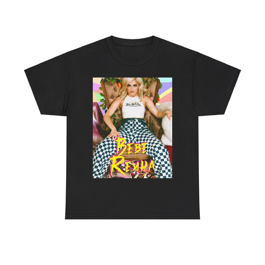 A black graphic t-shirt featuring a bold and dynamic graphic of Bebe Rexha, designed with a pop aesthetic.