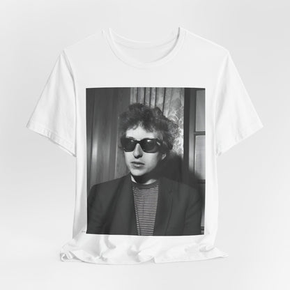 A black graphic t-shirt featuring a graphic related to Bob Dylan's 'The Freewheelin' album era.