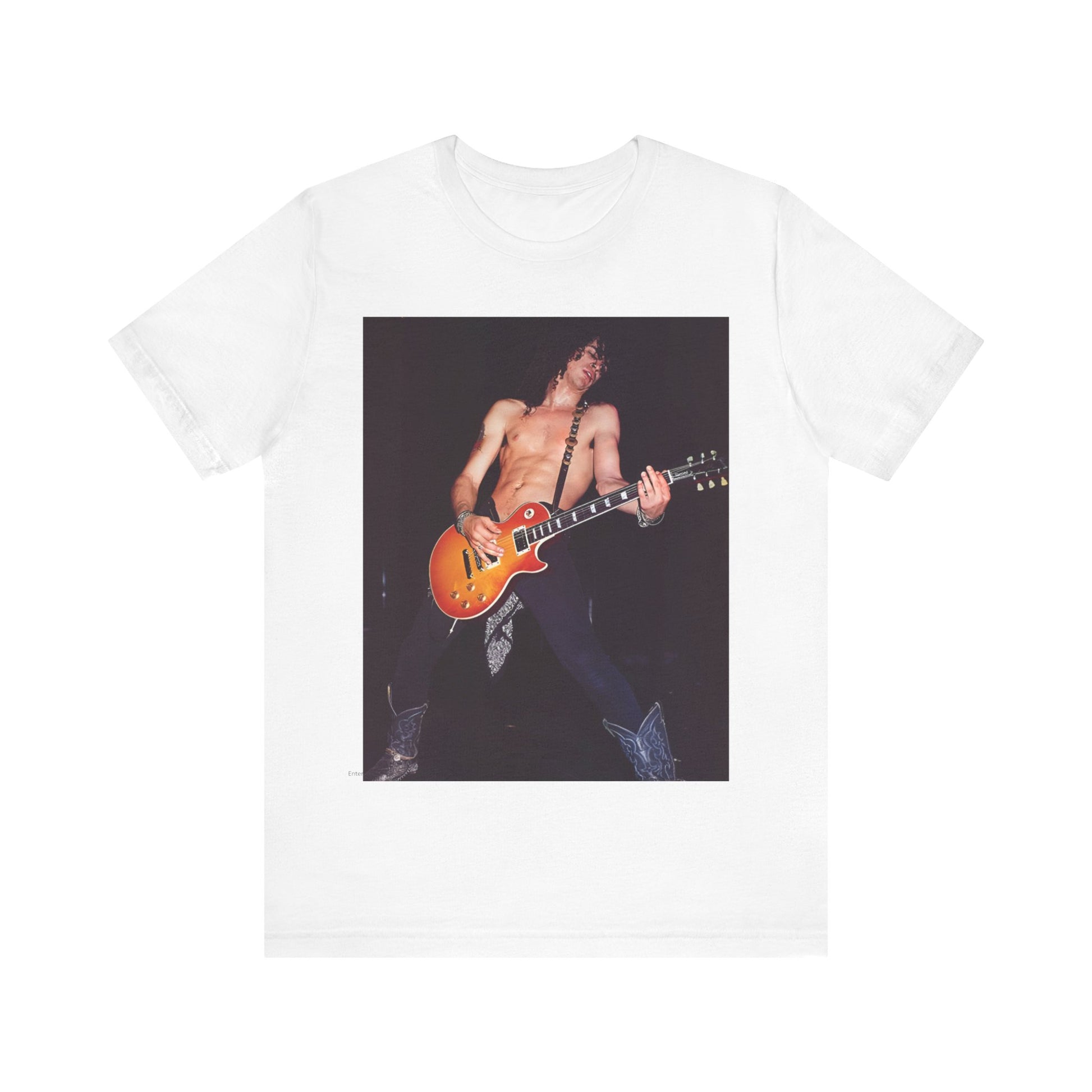 A black graphic t-shirt featuring a graphic or photo of Slash from Guns N' Roses performing live on stage.