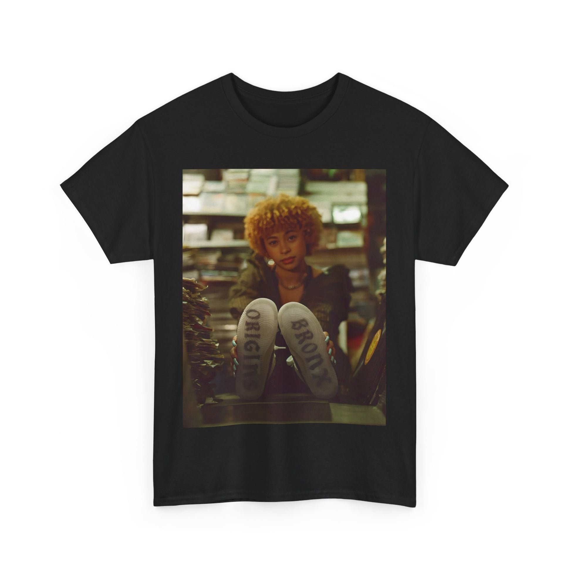 A black graphic t-shirt featuring a stylized graphic of Ice Spice as a TikTok Queen or global sensation.