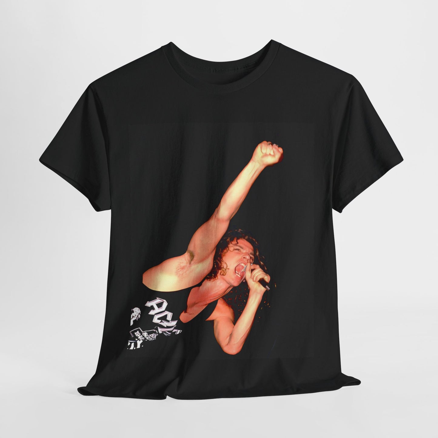 A black graphic t-shirt featuring a photo of Michael Hutchence from INXS performing live in concert.