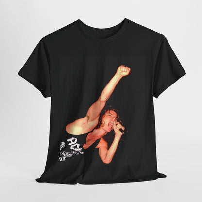 A black graphic t-shirt featuring a photo of Michael Hutchence from INXS performing live in concert.