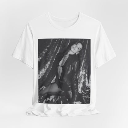 A black graphic t-shirt featuring a black and white portrait photo of Dua Lipa.