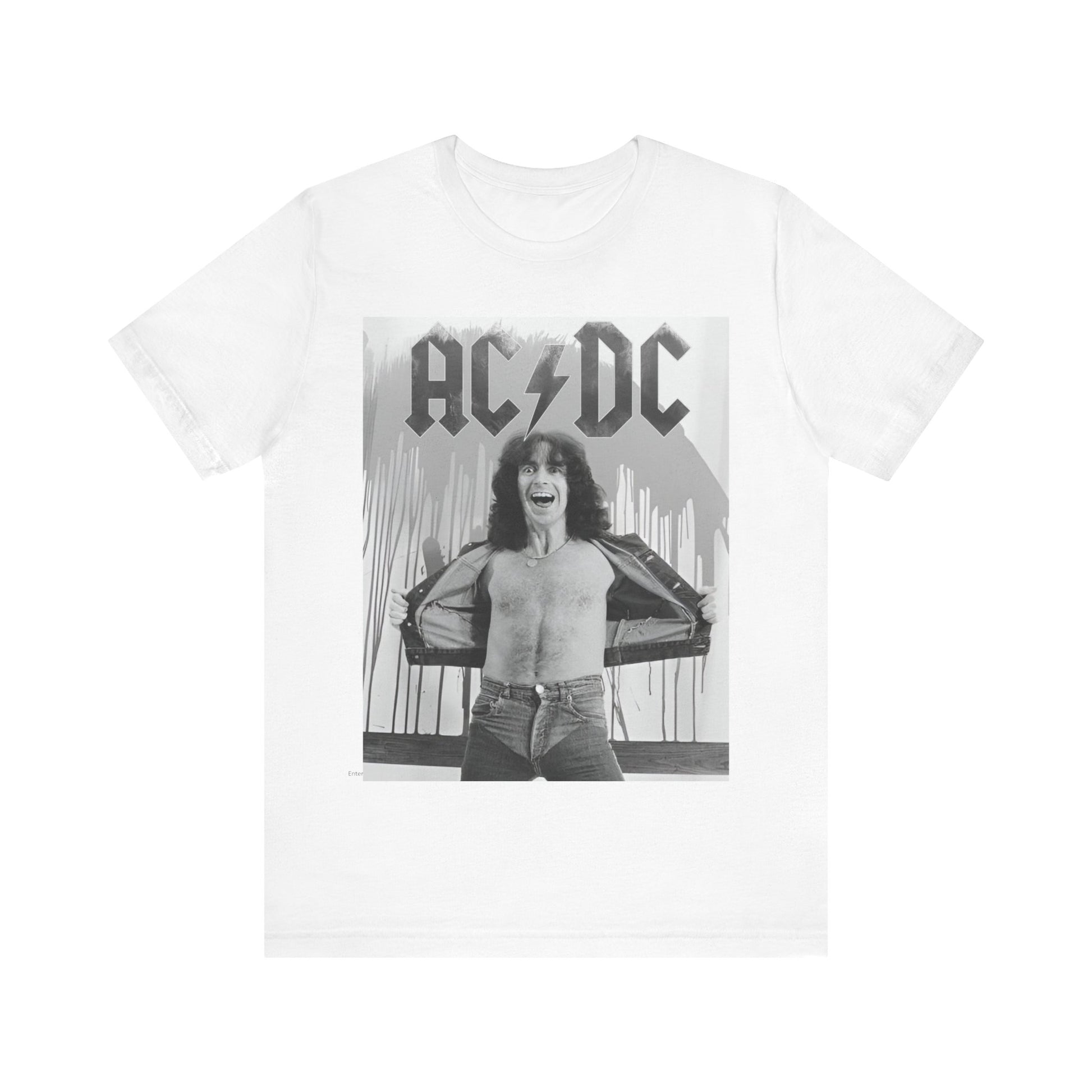 A vintage-style graphic of AC/DC's original frontman, Bon Scott, printed on a t-shirt.