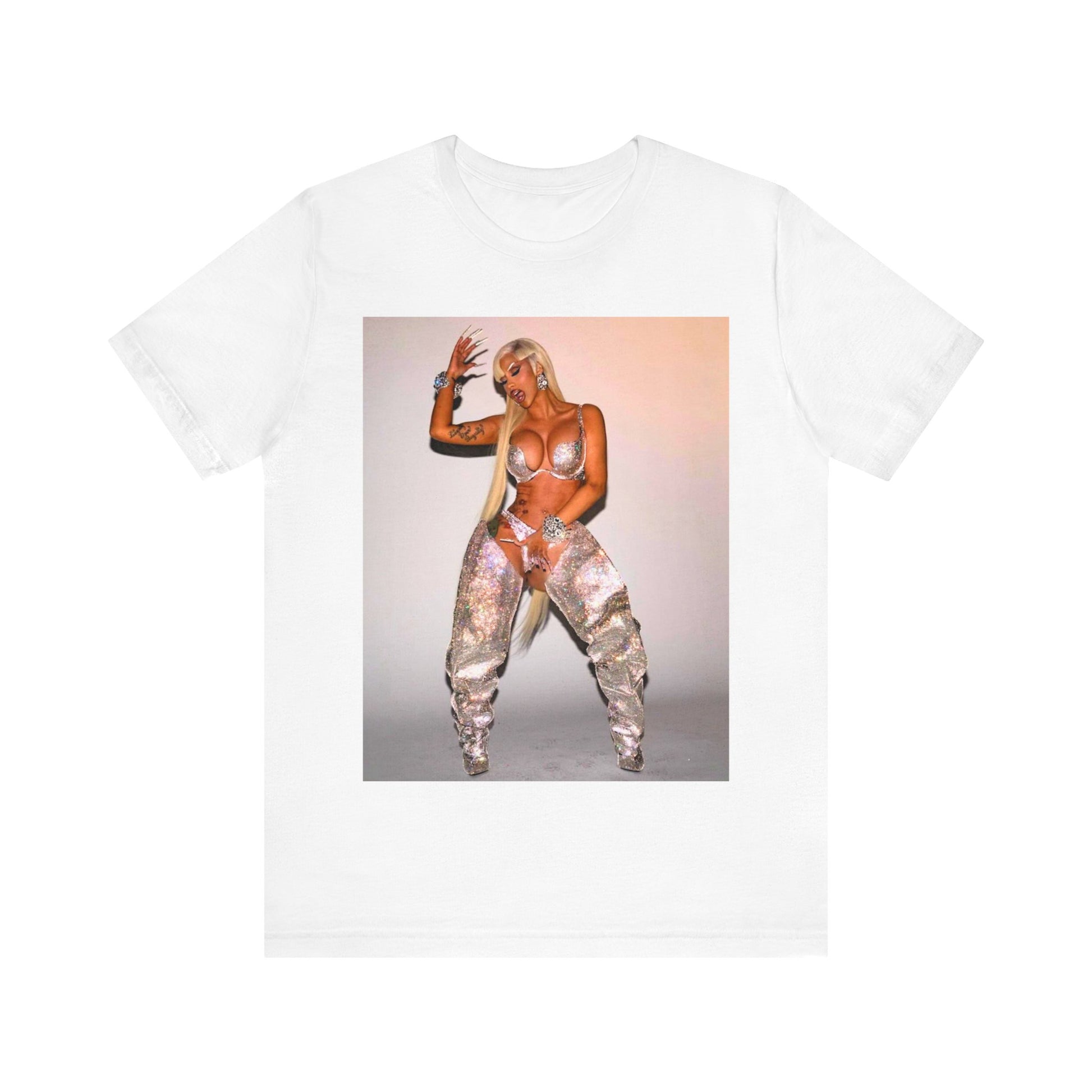 A black graphic t-shirt featuring a vintage graphic of Cardi B as a 'Bronx Queen' or rap icon.