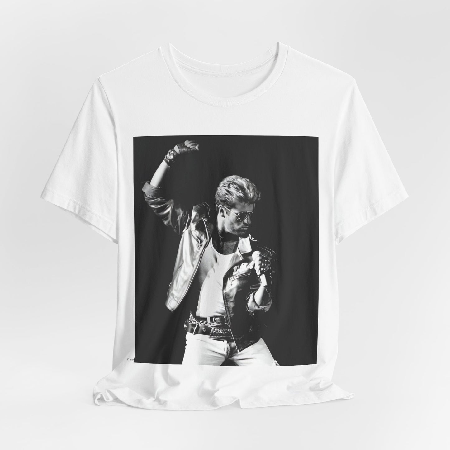 A black graphic t-shirt featuring an iconic black and white portrait photo of George Michael.