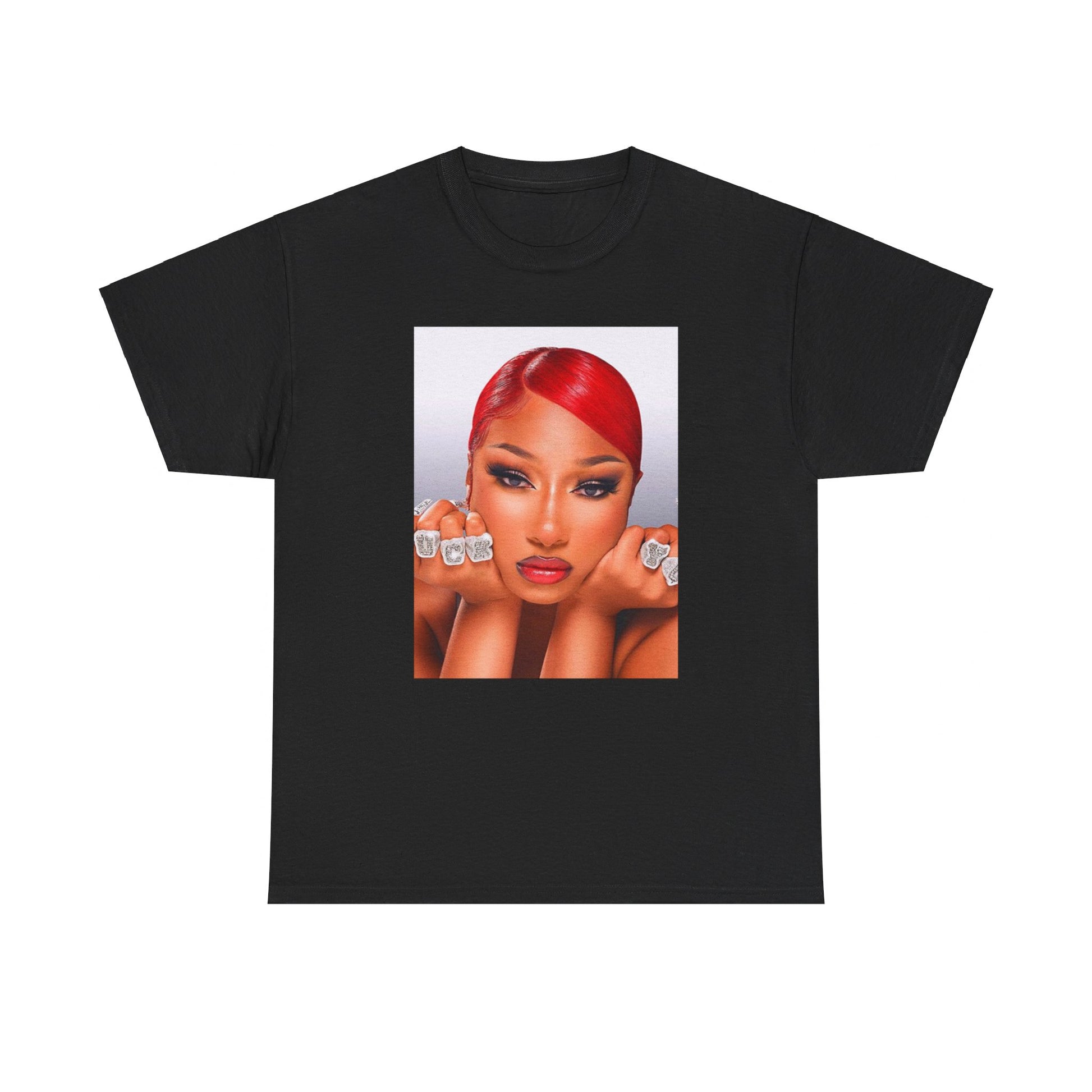 A black graphic t-shirt featuring a bold graphic of Megan Thee Stallion as a rap superstar.