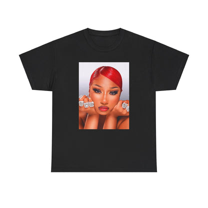 A black graphic t-shirt featuring a bold graphic of Megan Thee Stallion as a rap superstar.