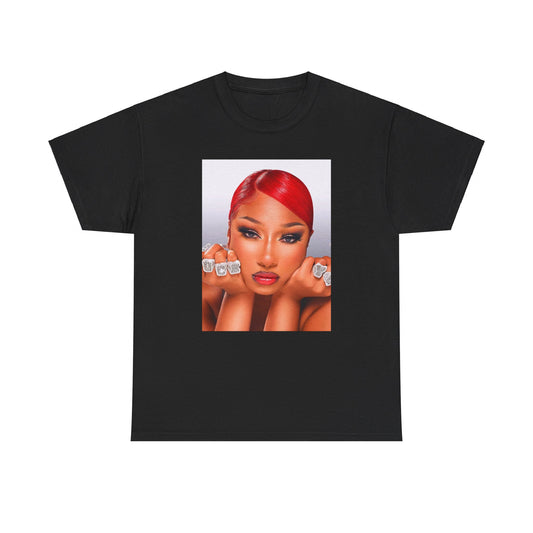 A black graphic t-shirt featuring a bold graphic of Megan Thee Stallion as a rap superstar.