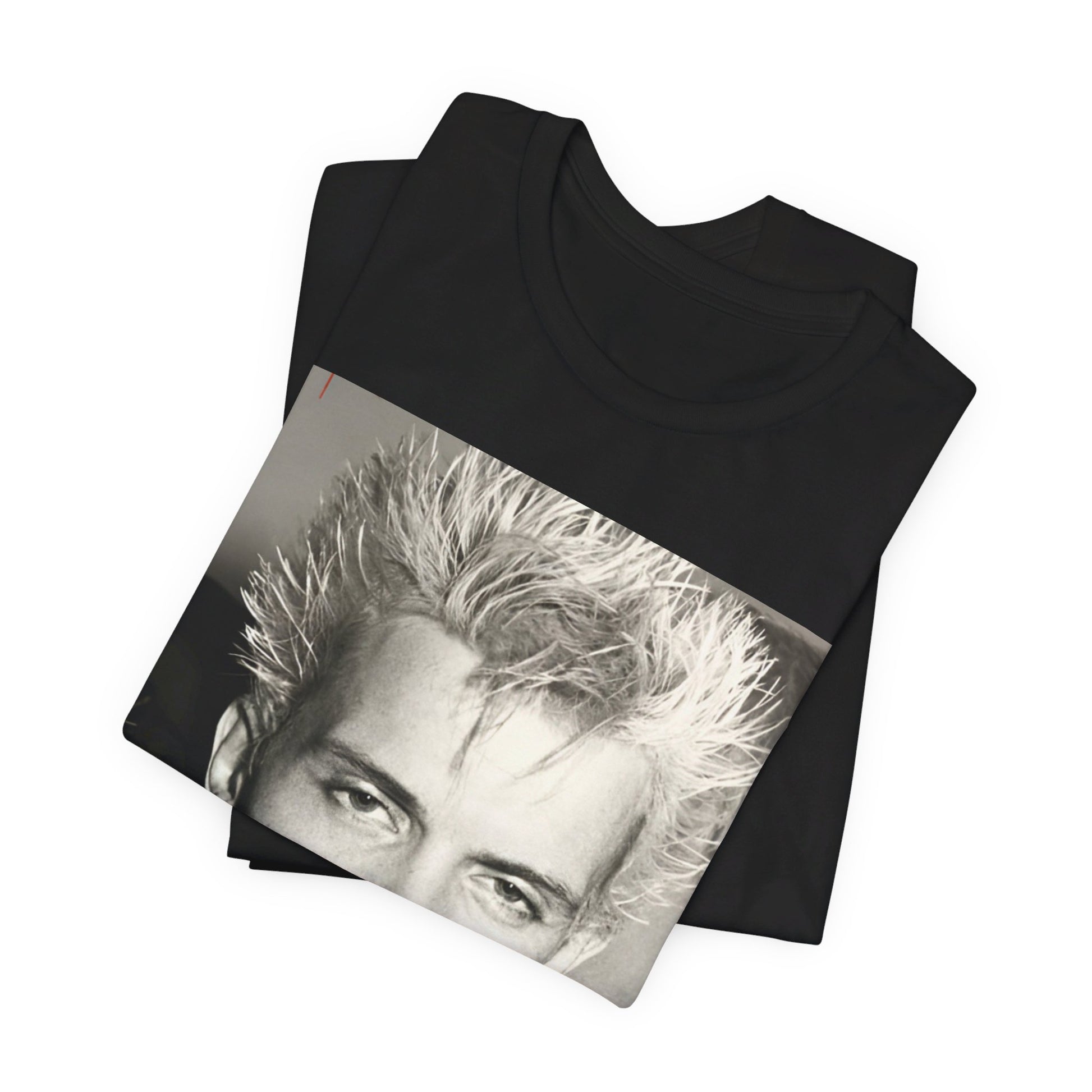 A black graphic t-shirt featuring a vintage black and white monochrome graphic of Billy Idol.