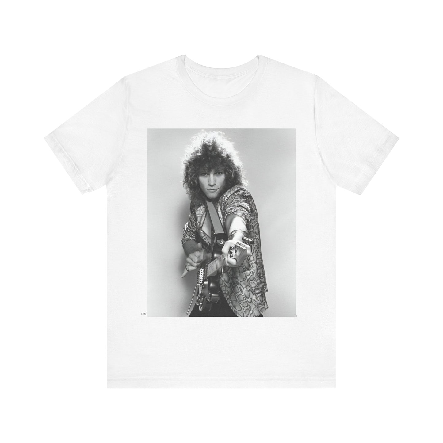 A black graphic t-shirt featuring a vintage 80s rock graphic of Bon Jovi.