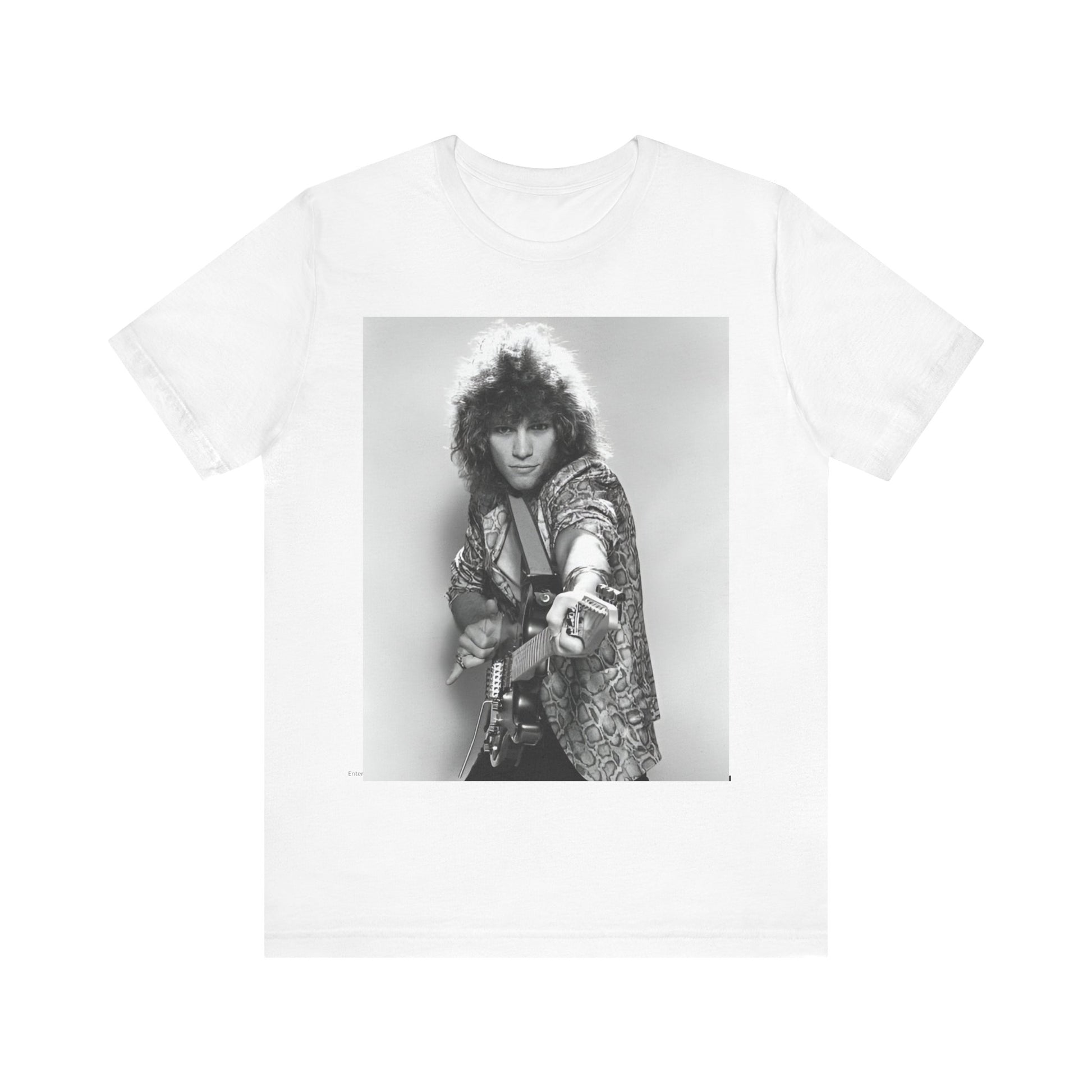 A black graphic t-shirt featuring a vintage 80s rock graphic of Bon Jovi.