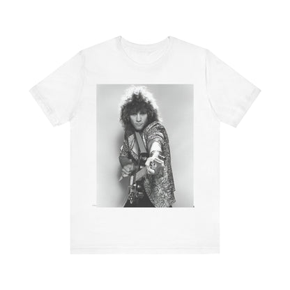 A black graphic t-shirt featuring a vintage 80s rock graphic of Bon Jovi.