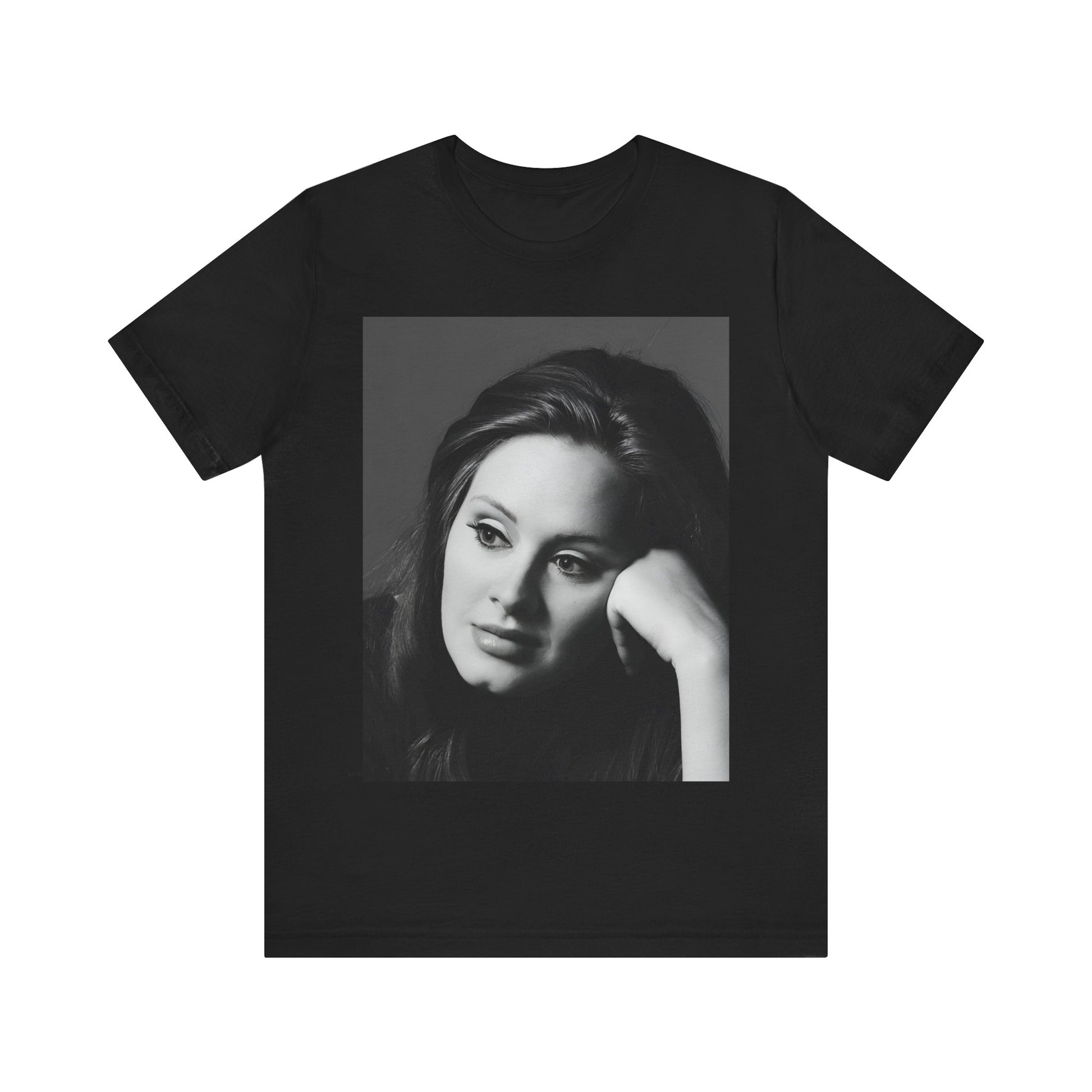 A black graphic t-shirt featuring a vintage-style black and white studio portrait of Adele, showing her with a poised and elegant expression.