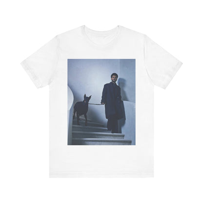 A black graphic t-shirt featuring a photo of The Weeknd with a doberman.
