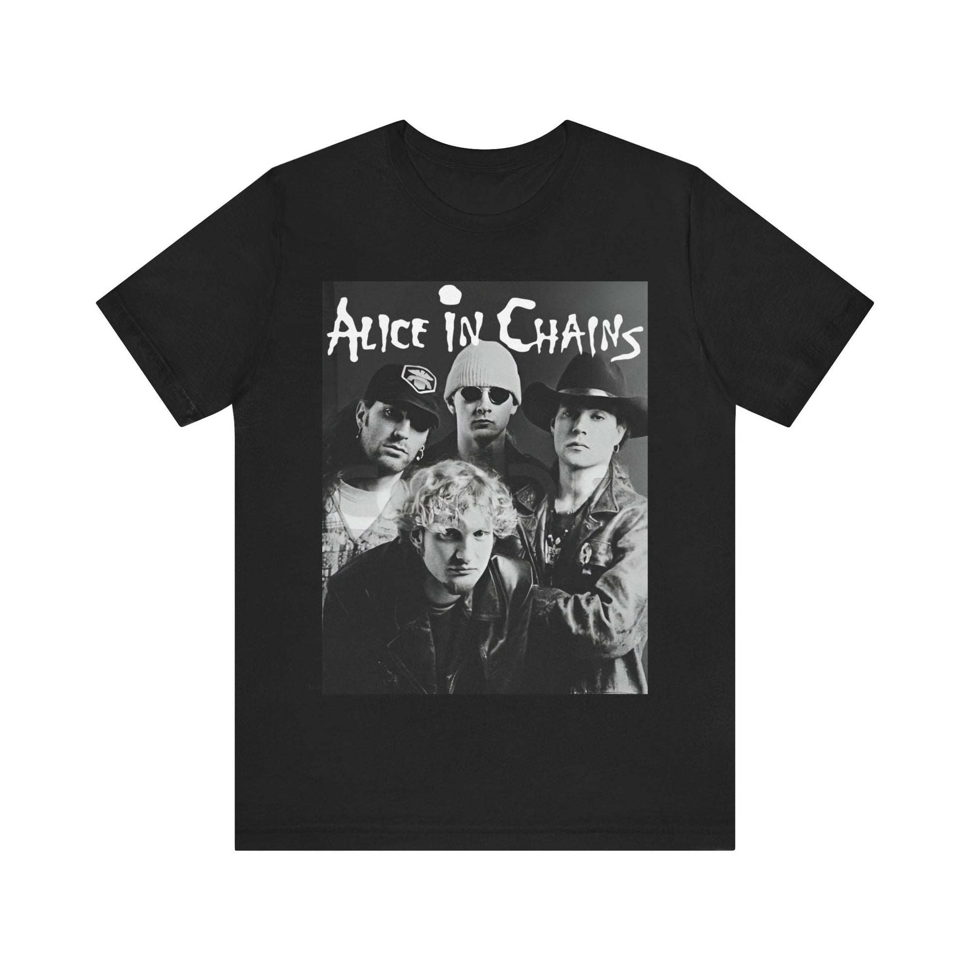 A black graphic t-shirt featuring a black and white photographic portrait of the band Alice In Chains, capturing their iconic grunge look.