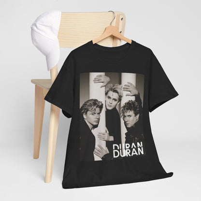 A black graphic t-shirt featuring a graphic related to Duran Duran's 'The Wild Boys' song or era.