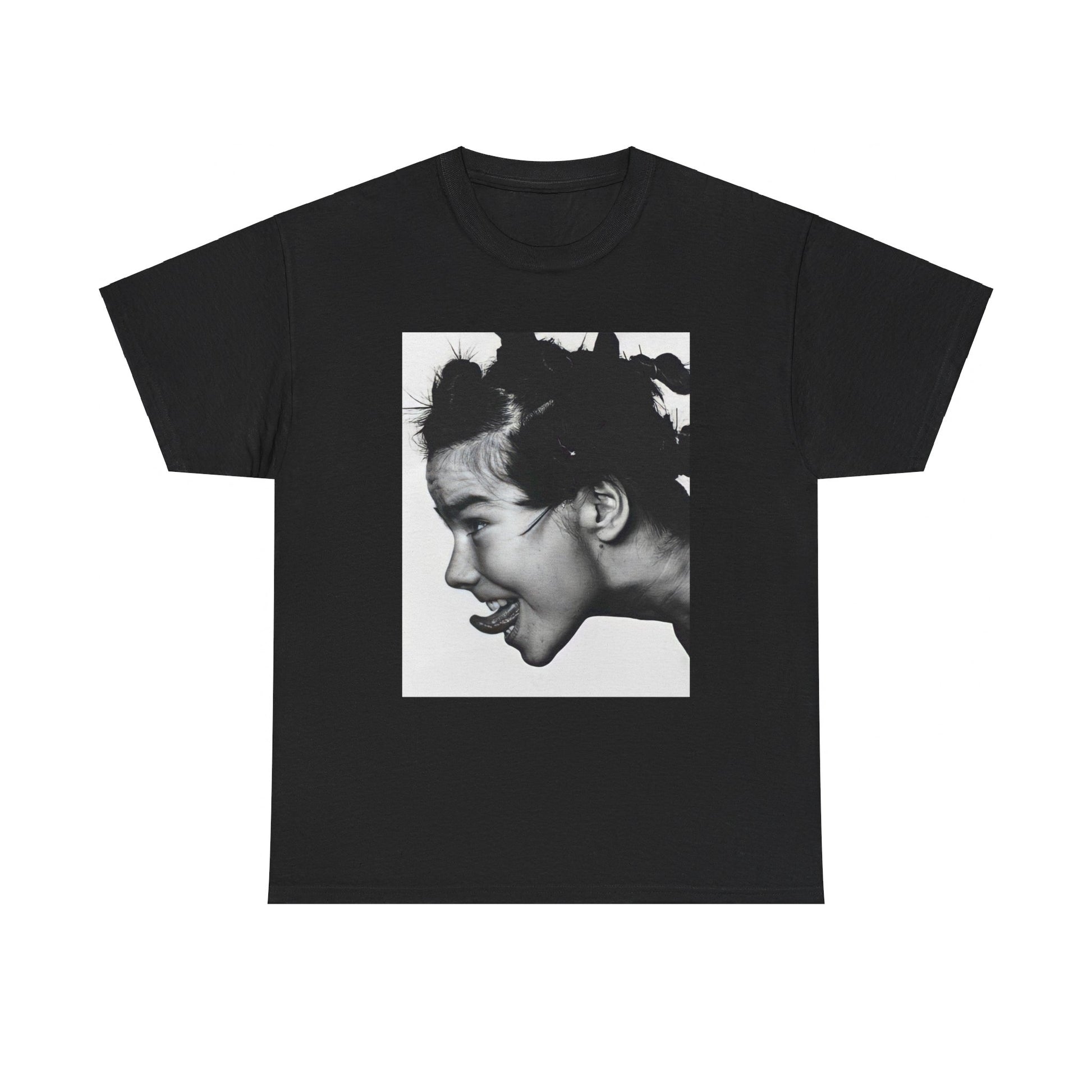 A black graphic t-shirt featuring a graphic of Bjork, designed with an indie 90s aesthetic.