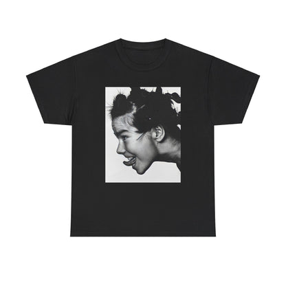 A black graphic t-shirt featuring a graphic of Bjork, designed with an indie 90s aesthetic.