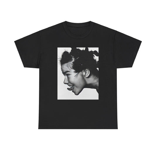 A black graphic t-shirt featuring a graphic of Bjork, designed with an indie 90s aesthetic.