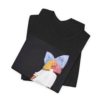 A black graphic t-shirt featuring a vintage pop icon graphic of Sia.