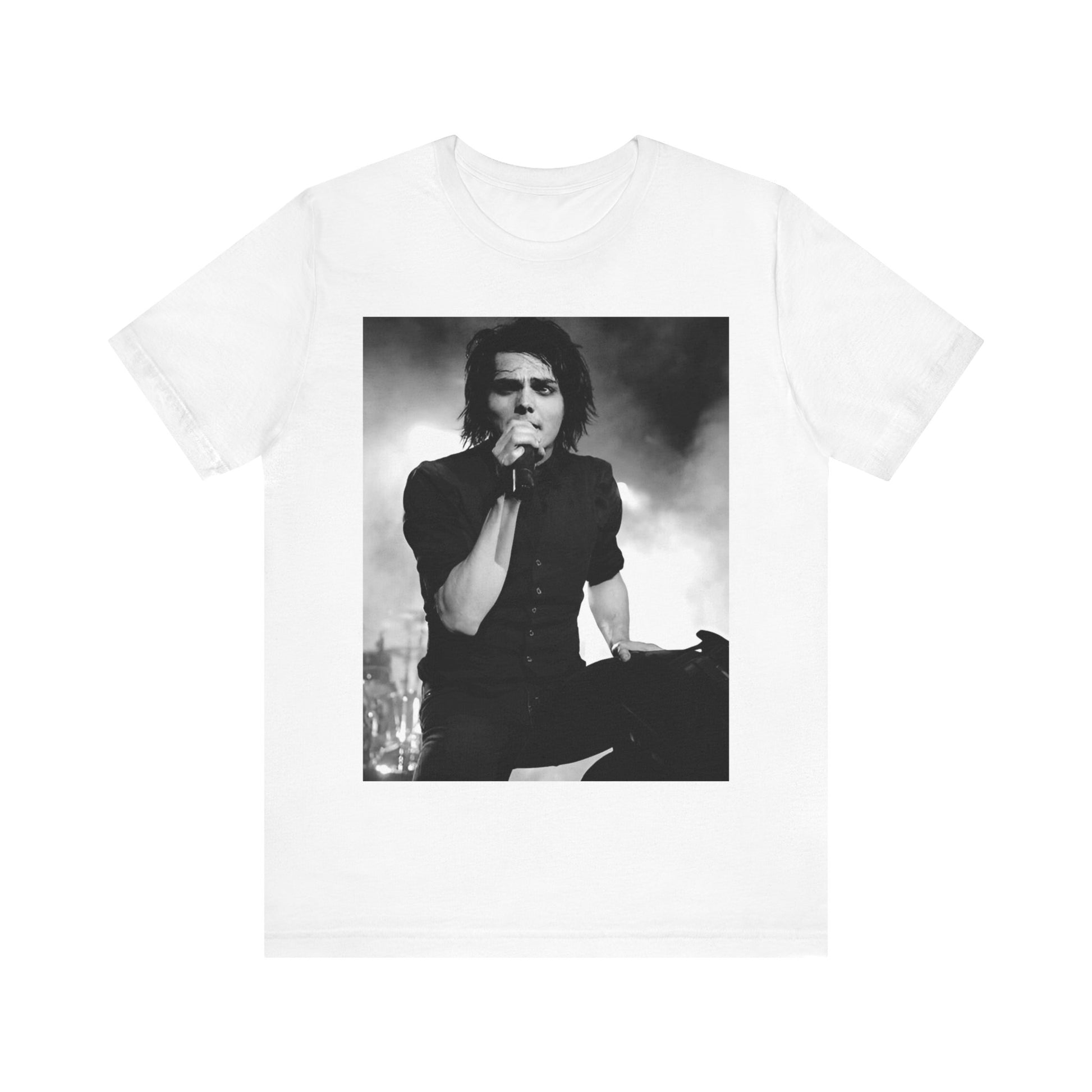 A black graphic t-shirt featuring a black and white graphic or photo of My Chemical Romance performing live in concert.