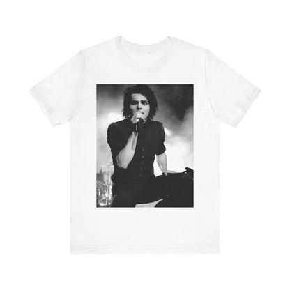 A black graphic t-shirt featuring a black and white graphic or photo of My Chemical Romance performing live in concert.