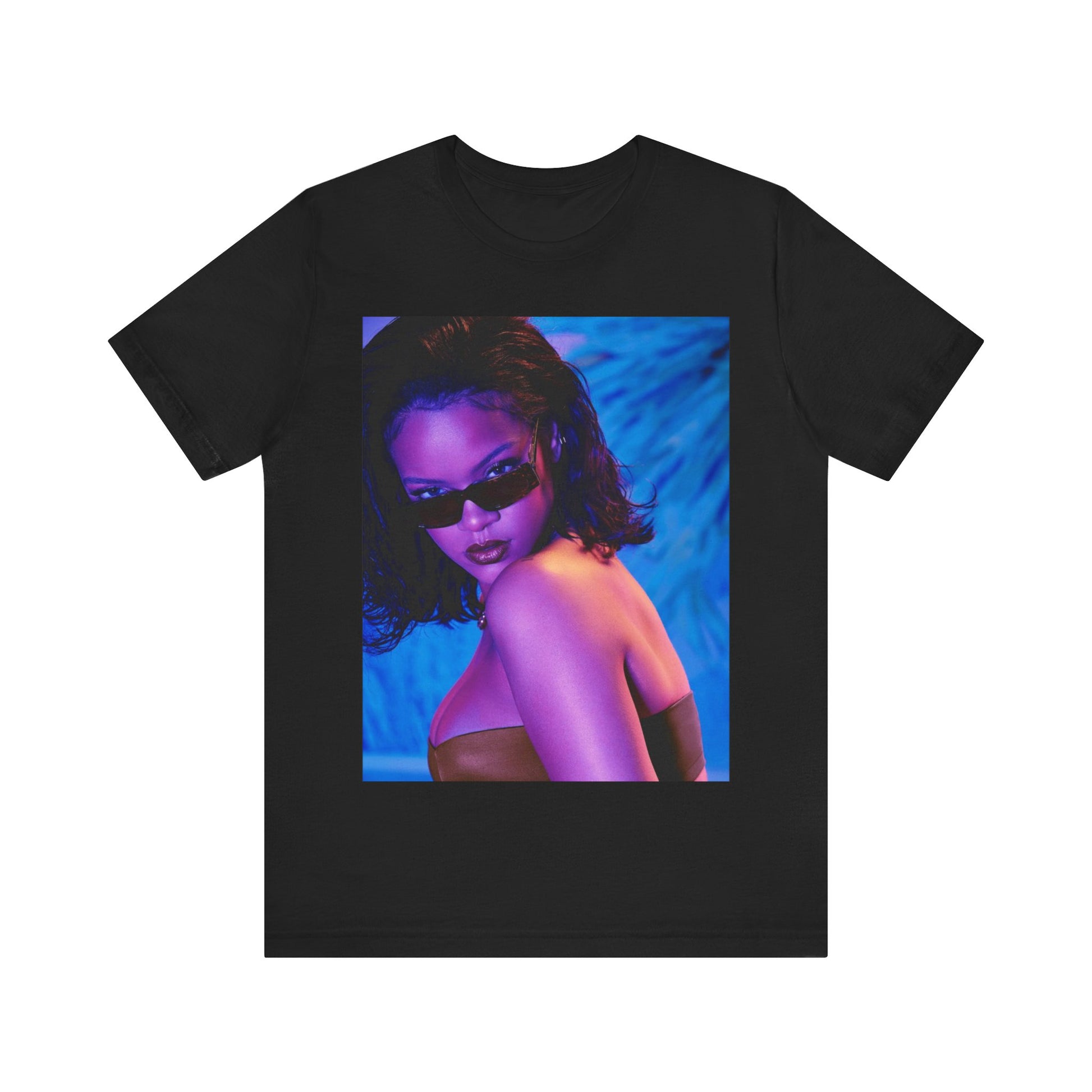 A black graphic t-shirt featuring a retro graphic related to Rihanna's 'Umbrella' song or era.