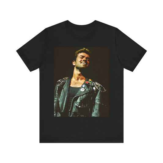 A black graphic t-shirt featuring a graphic related to George Michael's 'Careless Whisper' song or era.