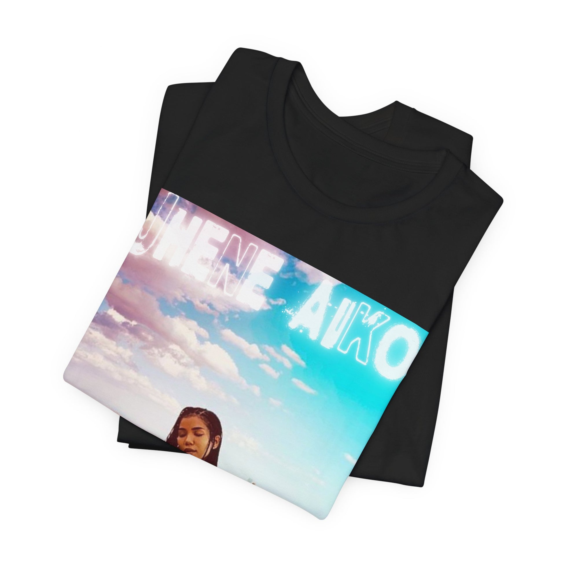 A black graphic t-shirt featuring a vintage ethereal R&B graphic of Jhene Aiko.