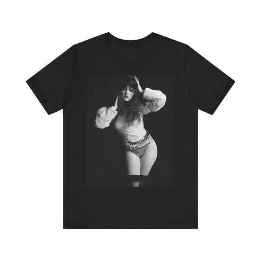 A black graphic t-shirt featuring a black and white, monochrome graphic or portrait of Chappell Roan.
