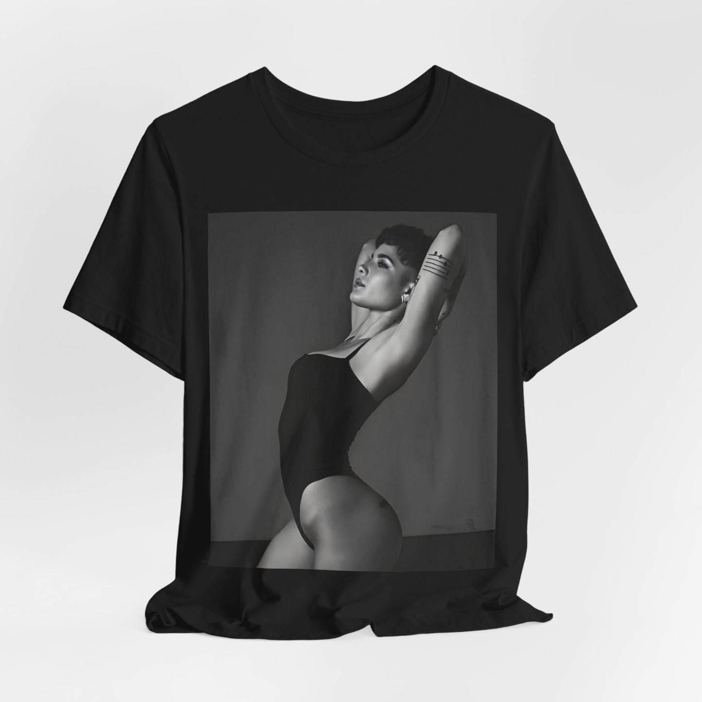 A black graphic t-shirt featuring a black and white, monochrome graphic or photo of Halsey.