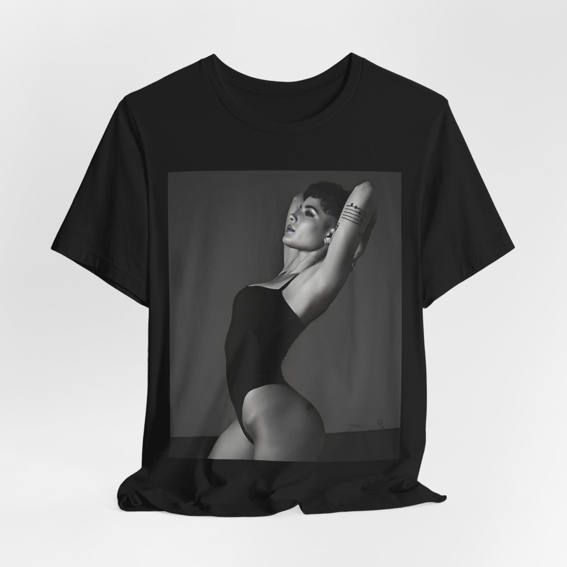 A black graphic t-shirt featuring a black and white, monochrome graphic or photo of Halsey.