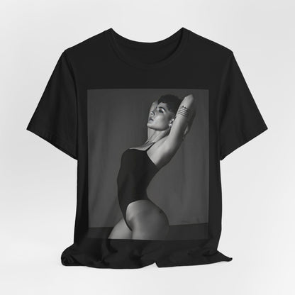 A black graphic t-shirt featuring a black and white, monochrome graphic or photo of Halsey.