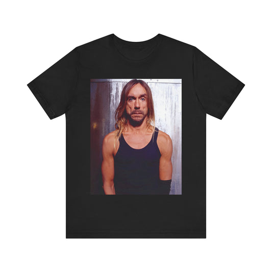A black graphic t-shirt featuring a 90s vintage proto-punk icon graphic of Iggy Pop.