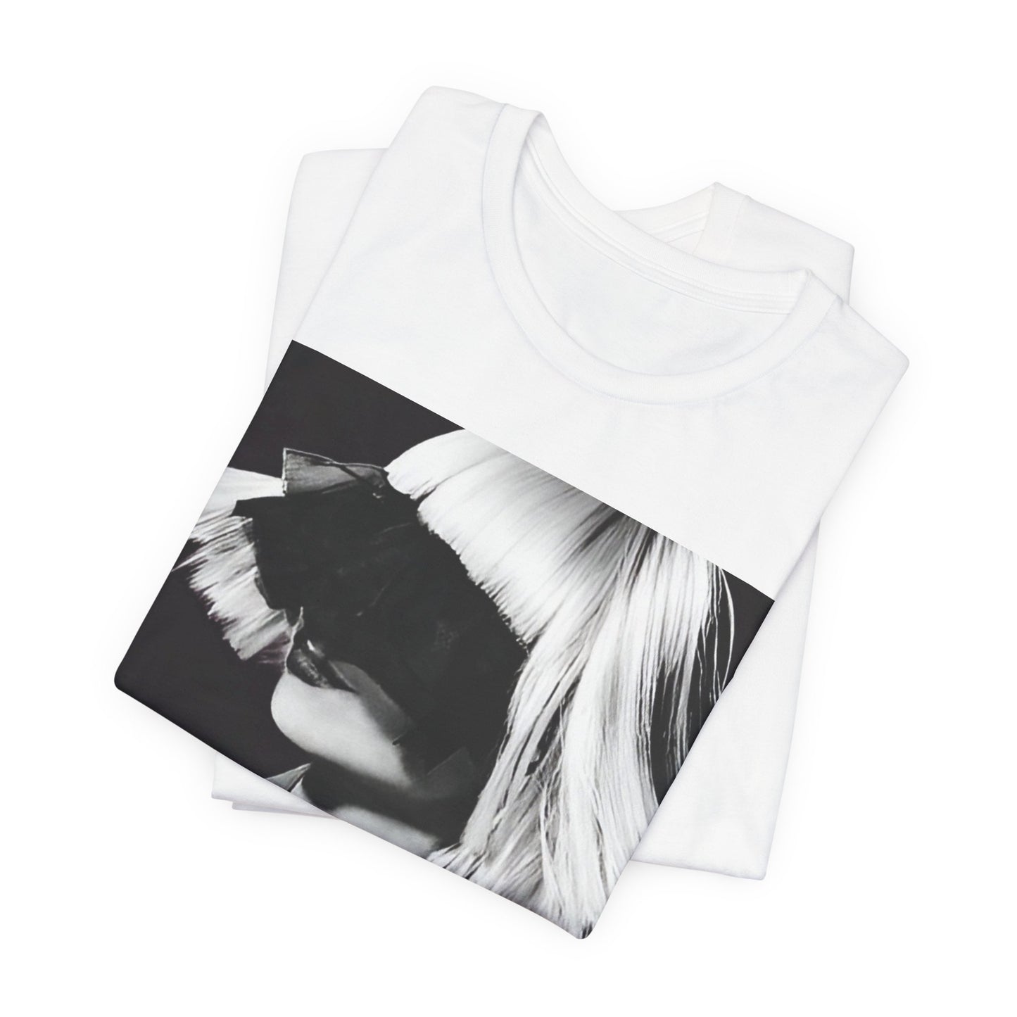 A black graphic t-shirt featuring a black and white portrait photo of Sia.