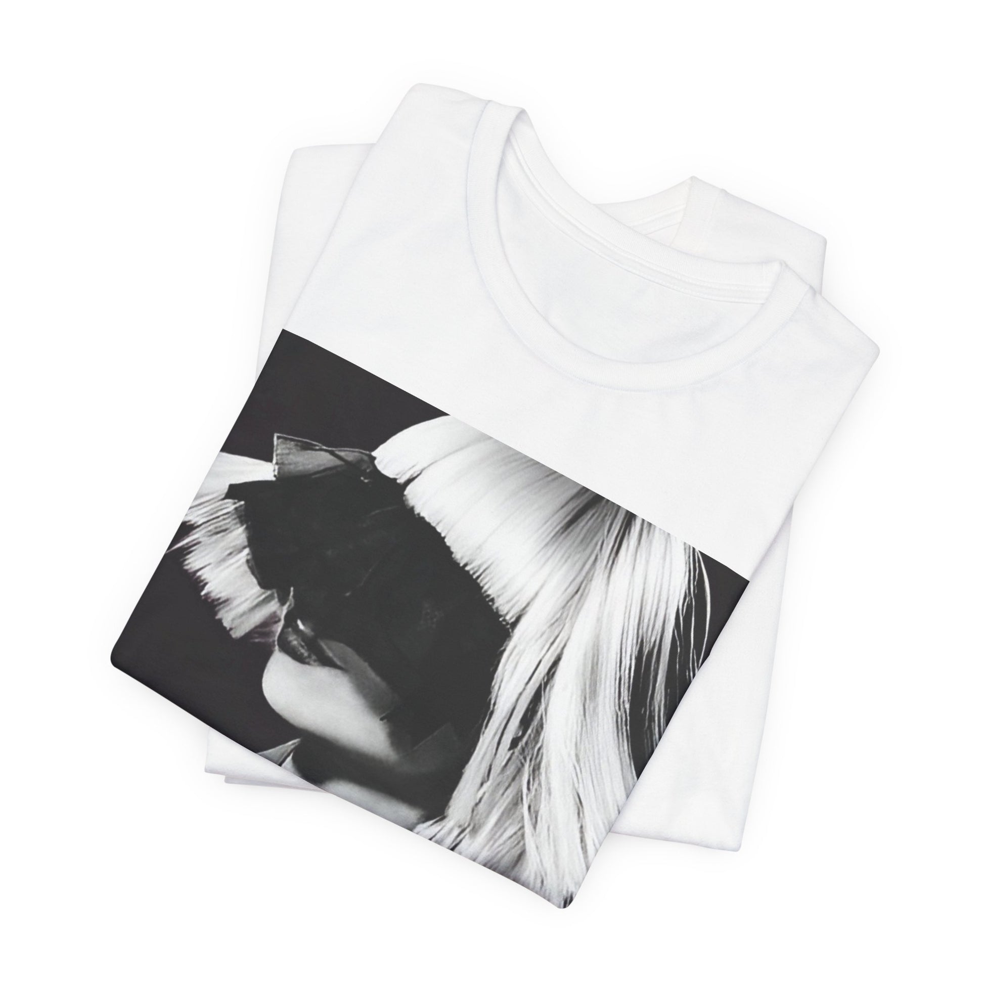 A black graphic t-shirt featuring a black and white portrait photo of Sia.
