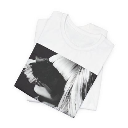 A black graphic t-shirt featuring a black and white portrait photo of Sia.